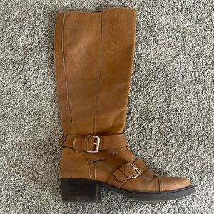Brown BCBG Boots, hits just below the knee, leather, size 8